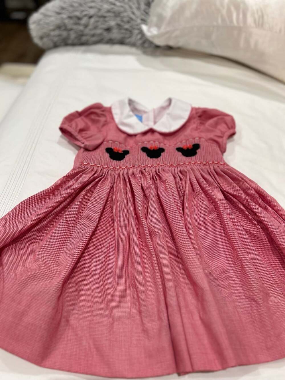 Anavini Minnie Mouse Smocked Dress Size 2 Red Gingham Puff Sleeve